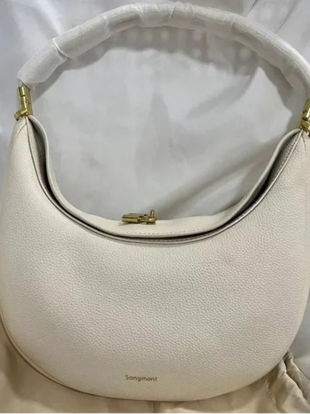 Songmont Cream Pebbled Leather Shoulder Hobo with Gold Hardware